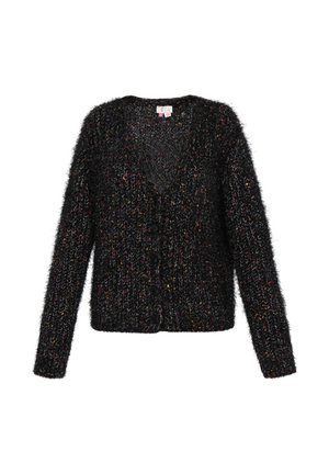 Crna kardigan jakna s dlačicama koja se pružaju, s višebojnim mrljama. Ima V-izrez i dugmiće uz prednju stranu.