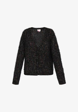 Zwarte cardigan met een fuzzy textuur, voorzien van multikleurige stippen. Het heeft een V-halsontwerp en knoopsluiting aan de voorkant.