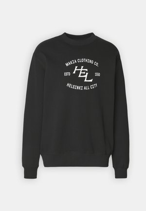 Zwarte katoenen sweatshirt met een ronde hals en geribbelde manchetten, met witte bedrukte tekst en logo aan de voorkant. Casual pasvorm.