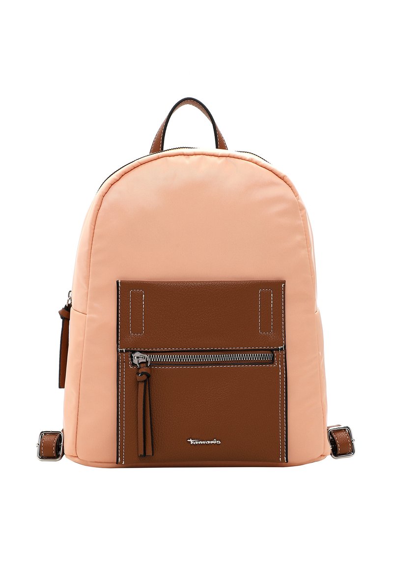 Sac à dos en nylon pêche avec poche avant en cuir marron, détails en zip et accents en cuir marron. Forme ronde et bretelles ajustables doubles.