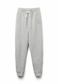 Grijze sweatpants met een elastische tailleband en trekkoord, voorzien van zijzakken, taps toelopende manchetten en een zachte, textuurstof.