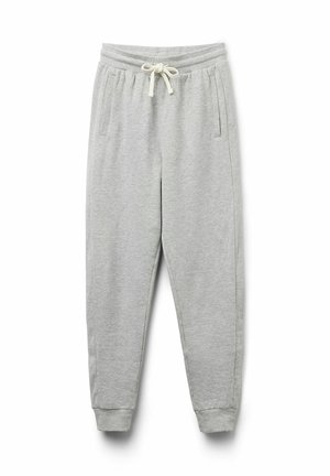 Pantalones de chándal grises con cintura elástica y cordón, que cuentan con bolsillos laterales, puños entallados y una tela suave y texturizada.