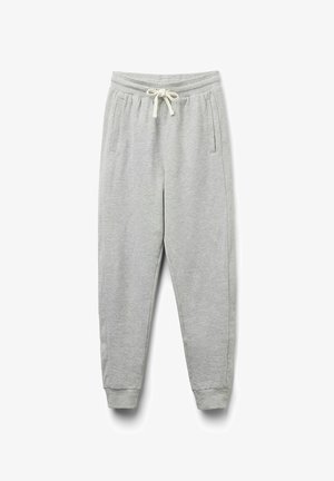 Pantalons de survêtement gris avec une taille élastique et un cordon de serrage, dotés de poches latérales, de poignets resserrés et d'un tissu doux et texturé.