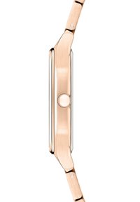 Roséguld metallur med rektangulärt hölje, tunn bezel och rund krona; slät, borstad yta på armbandet; elegant, minimalistisk design.