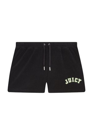 Shorts en velours noir avec une taille élastique et un cordon de serrage, ornés du texte brodé vert "JUICY" sur le côté gauche.