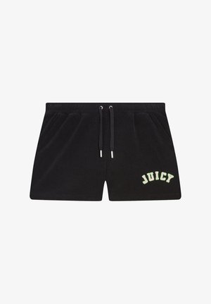 Shorts en velours noir avec une taille élastique et un cordon de serrage, ornés du texte brodé vert "JUICY" sur le côté gauche.