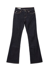 Jeans évasés en denim bleu foncé avec cinq poches, rivets en cuivre et coutures contrastantes. Texture lisse avec une coupe droite et décontractée.