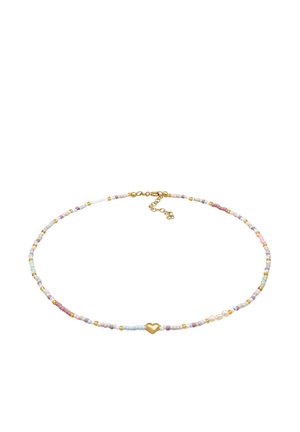 Delikatny naszyjnik choker z małymi pastelowymi koralikami i złotymi akcentami, z centralnym złotym serduszkiem i regulowanym zapięciem.