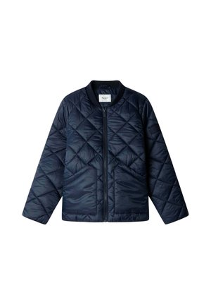 Navy blue quilted jacket with diagonal stitching, front zipper, ribbed collar, and two front pockets.