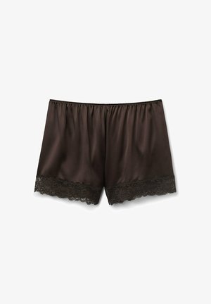 Satin sorte shorts med elastisk talje og scalloped blonder trim ved kanten, med en glat tekstur og løs pasform.