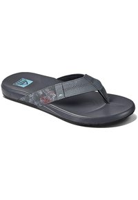 Gray flip-flop sandal featuring a textured strap, a patterned accent, and a flat sole with a slight curvature for comfort.