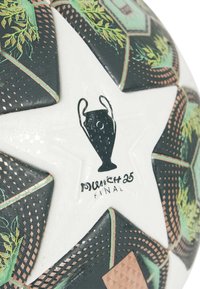 Voetbal met een zwart-wit ontwerp, versierd met groene bladeren en koperaccenten. Toont een trofee logo en "Final 25."