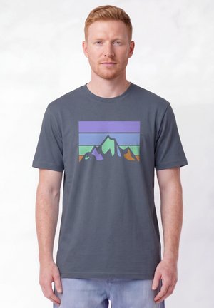 Homme aux cheveux courts roux portant un t-shirt gris avec un dessin coloré stylisé de montagne et une bande horizontale sur la poitrine sur fond blanc.