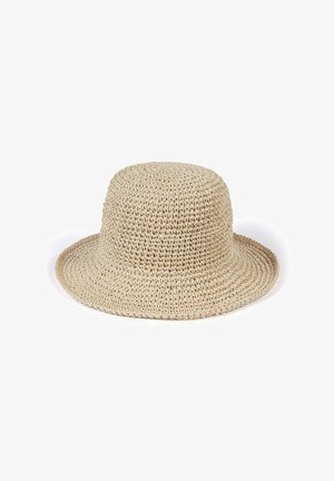 Beige woven straw bucket hat with a wide, slightly floppy brim and rounded crown on white background.
