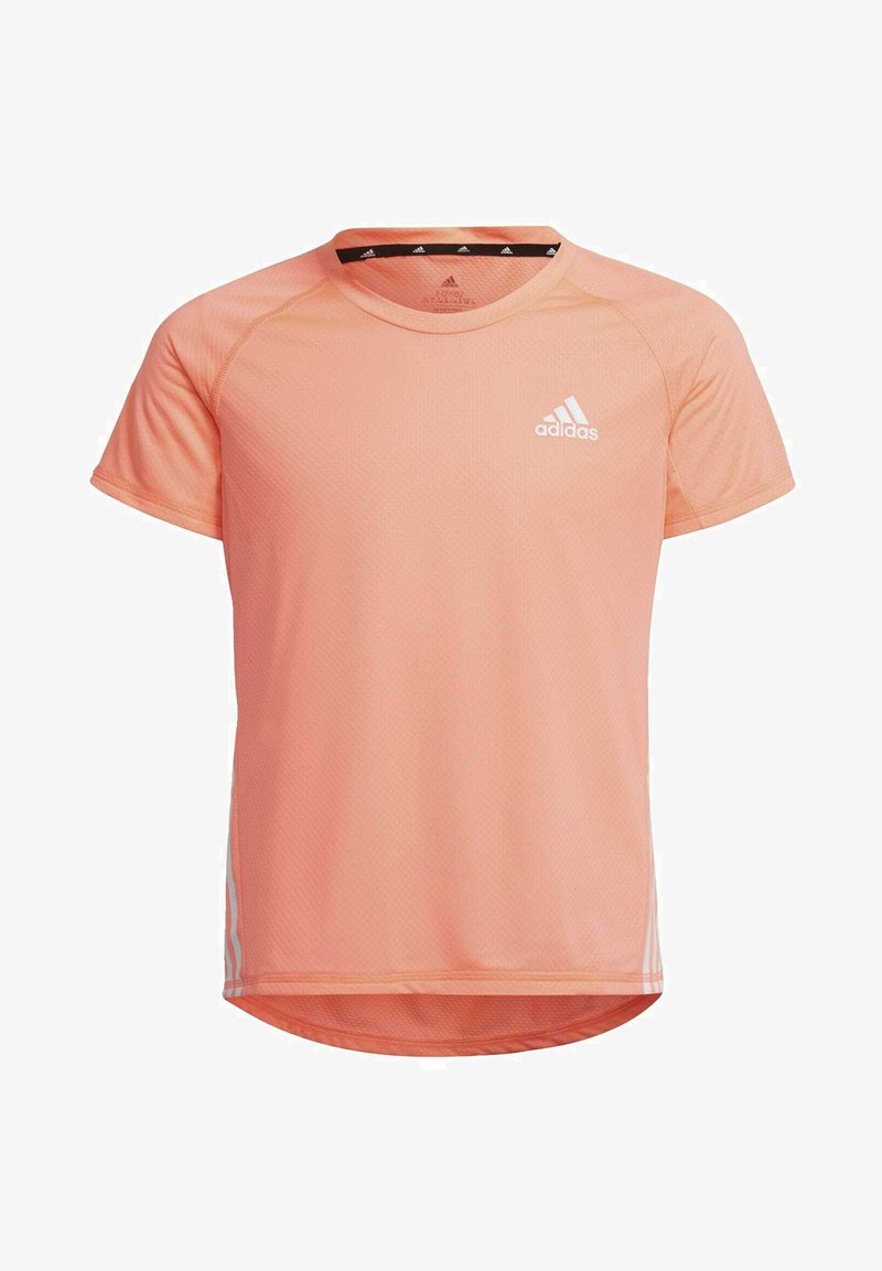 Camiseta deportiva de manga corta de Adidas en tono melocotón claro, con un tejido texturizado, cuello redondo y un logo blanco en el pecho.