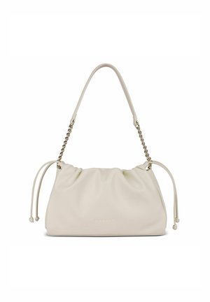 Borsa a mano in morbida pelle color crema, con parte superiore arricciata, catena d'oro e tracolla in pelle, lacci laterali e piccolo logo "bugatti" sul fronte.