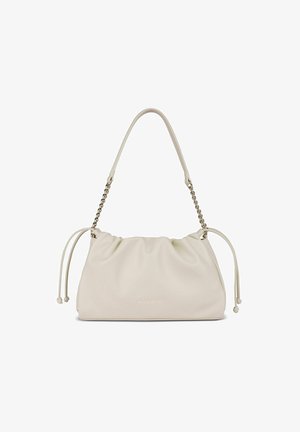 Cream-colored soft leather handbag with gathered top, gold chain and leather strap, side drawstrings, and small "bugatti" logo on front.