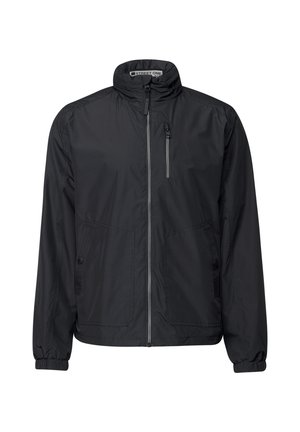 Chaqueta ligera negra con cuello alto, cierre frontal con cremallera, bolsillos laterales y muñequeras elásticas para un ajuste ce�ñido.