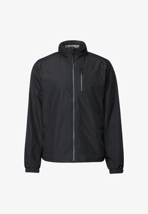 Černá lehká bunda s vysokým límcem, předním zipem, bočními kapsami a elastickými manžetami pro pohodlné nošení.