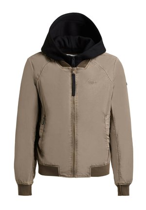 Beige lynlåsjakke med ribkanter ved ærmer og kant, med en fastmonteret sort hætte og to sidelommer.