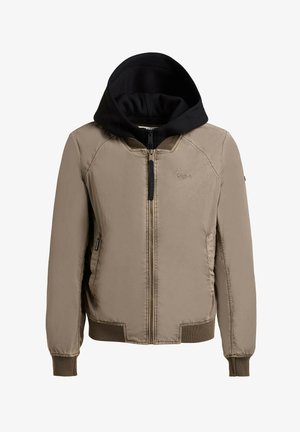 Béžová bunda na zip s žebrovanými manžetami a lemem, vybavená připojenou černou kapucí a dvěma bočními kapsami.