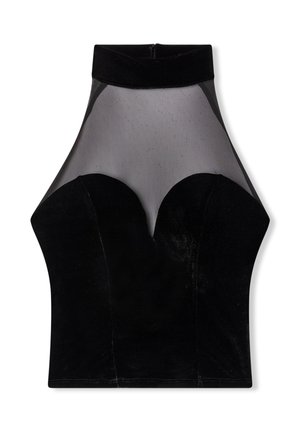 Top halter in velluto nero con pannelli in rete trasparente al collo e dettagli a scallop sul busto. Texture liscia e silhouette aderente.