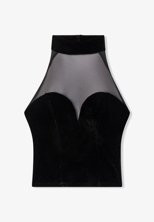Top halter in velluto nero con pannelli in rete trasparente al collo e dettagli a scallop sul busto. Texture liscia e silhouette aderente.