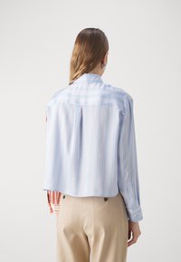 Gekrompen blauw-wit gestreepte shirt met een klassieke kraag, knopenmanchetten en een gladde textuur. Achteraanzicht met verticale strepen en plooien.