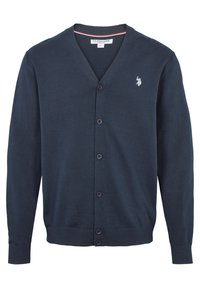 Marinblå cardigan i lättstickad kvalitet, med V-ringning, knappstängning, långa ärmar och en liten broderad logotyp.