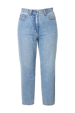 Vaqueros vaqueros azul claro de tiro alto con piernas rectas, cierre frontal de botón y cremallera, y diseño de cinco bolsillos.