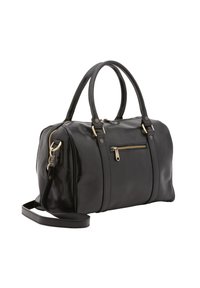 Borsa a mano in pelle nera con texture liscia, forma arrotondata, doppio manico superiore, tracolla removibile e cerniere e accessori in tono oro.