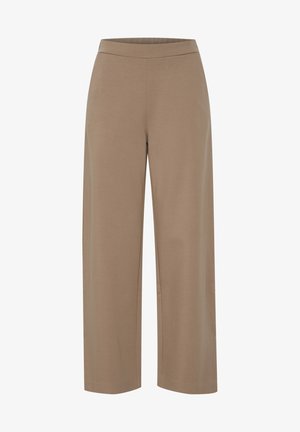 Pantalons à jambes larges dans une teinte marron clair, fabriqués en tissu doux avec une texture lisse. Présente une taille élastiquée pour le confort.