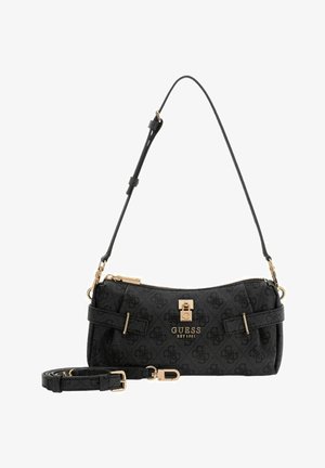 Borsa nera in sintetico con rifiniture dorate, dotata di chiusura a cerniera, tracolla rimovibile e motivo logo in rilievo. Misura circa 25 cm.