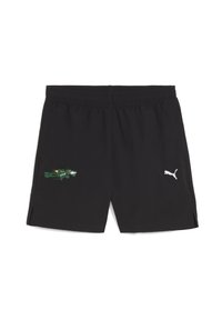 Zwarte shorts met een elastische tailleband, met een kleurrijk geborduurd ontwerp aan de linkerkant en een wit logo aan de rechterkant.