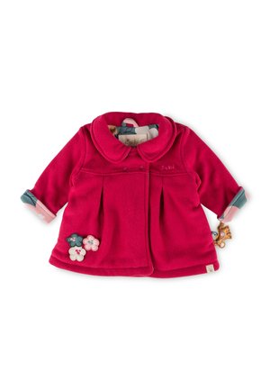 Rote Fleecejacke mit rundem Kragen, Falten, floralen Applikationen und kontrastierenden Ärmeln. Enthält ein verspieltes Hardware-Detail.
