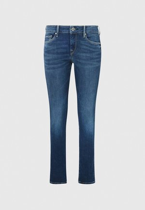 Skinny jeans made of dark blue denim, featuring a mid-rise waist, a five-pocket style, and subtle fading on the front and back.