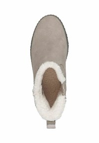 Beige suède enkellaars met faux fur voering, textuurzool en een flexibele rubberen zool. Achterste treklabel voor gemakkelijk aan- en uittrekken.