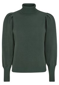 Grüner, gerippter Rollkragenpullover mit puffärmel und engen Bündchen, zeichnet sich durch ein strukturiertes Strickmuster und eine klassische Silhouette aus.