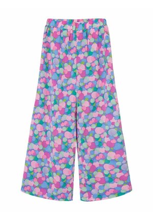 Pantalon à jambes larges avec taille élastique, présentant un motif coloré de formes circulaires superposées en rose, violet, bleu et vert.