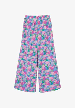 Pantalon à jambes larges avec taille élastique, présentant un motif coloré de formes circulaires superposées en rose, violet, bleu et vert.