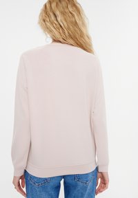 Felpa leggera rosa chiaro con maniche lunghe a raglan, scollatura tonda e una texture liscia. La vista sul retro mostra una vestibilità morbida e un orlo a coste.