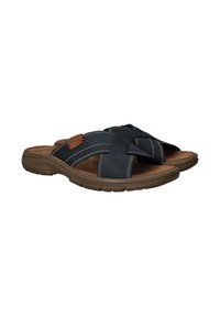 Marine sliders met een kruissluiting, gemaakt van soepel en geperforeerd materiaal, met een bruine accentkleur, een gevoerde voetbed en een gestructureerde zool.