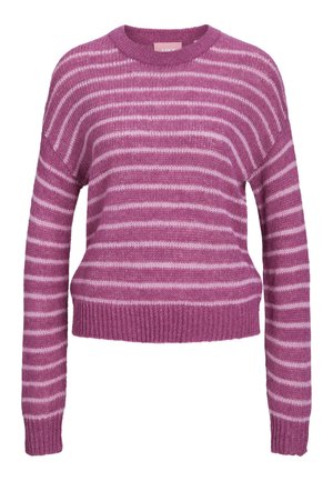 Suéter de punto a rayas rosa y blanco con cuello redondo, hombros caídos y puños y dobladillo de canalé. Textura suave, ajuste corto.