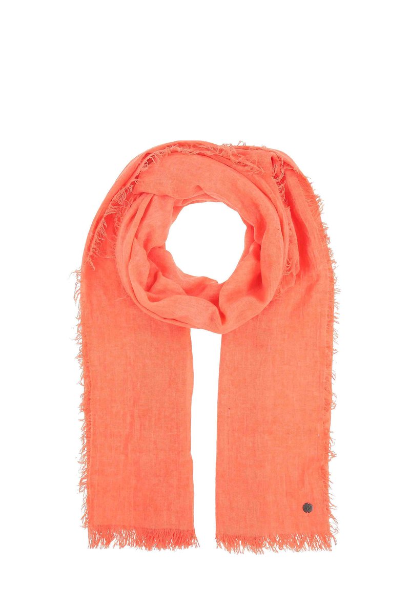 Foulard in lino corallo con bordi sfrangiati, leggero e morbido al tatto, caratterizzato da un piccolo logo circolare.