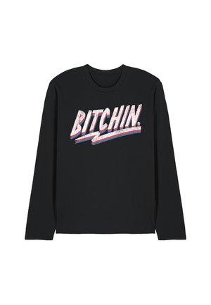Black long-sleeve shirt with the word "BITCHIN." in large, distressed white letters outlined in red and blue across the chest.