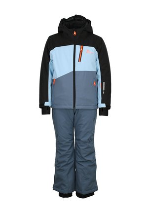 Combinaison de ski imperméable bleue et noire. Caractéristiques : une capuche, des poches zippées et des accents orange. Fabriquée en matériau isolant avec une coupe décontractée.