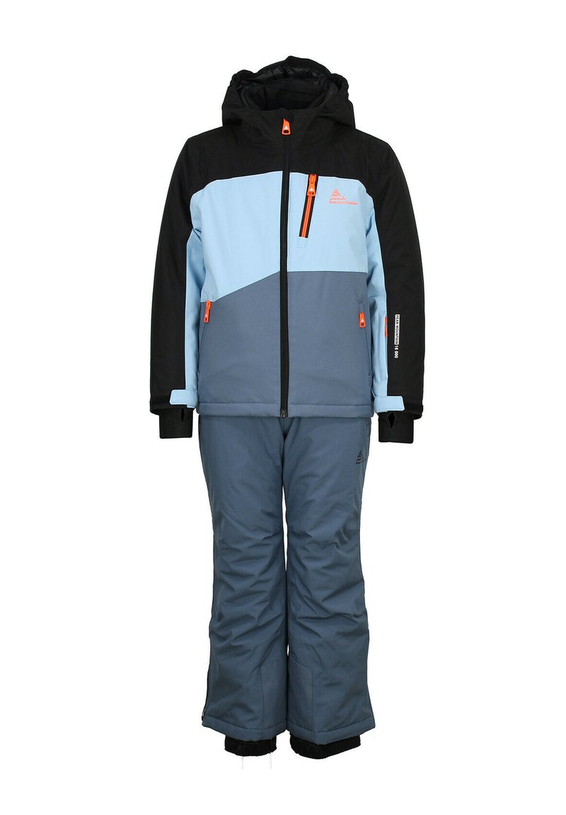 Combinaison de ski imperméable bleue et noire. Caractéristiques : une capuche, des poches zippées et des accents orange. Fabriquée en matériau isolant avec une coupe décontractée.