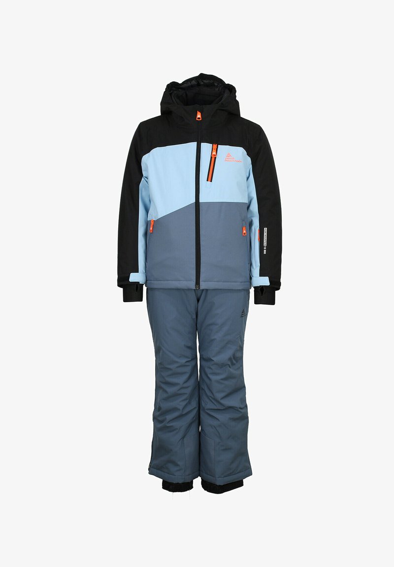 Combinaison de ski imperméable bleue et noire. Caractéristiques : une capuche, des poches zippées et des accents orange. Fabriquée en matériau isolant avec une coupe décontractée.