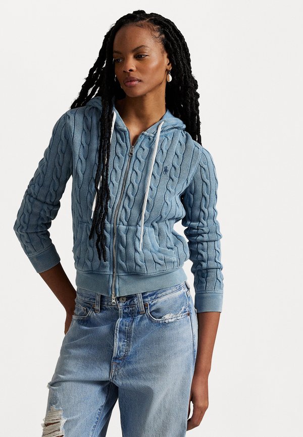 CABLE KNIT COTTON FULL ZIP HOODIE - Cardigan - chambray indigo