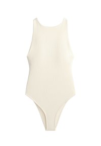 Maillot de bain une pièce blanc sans manches avec un col montant et un tissu texturé, présenté à plat sur un fond blanc.